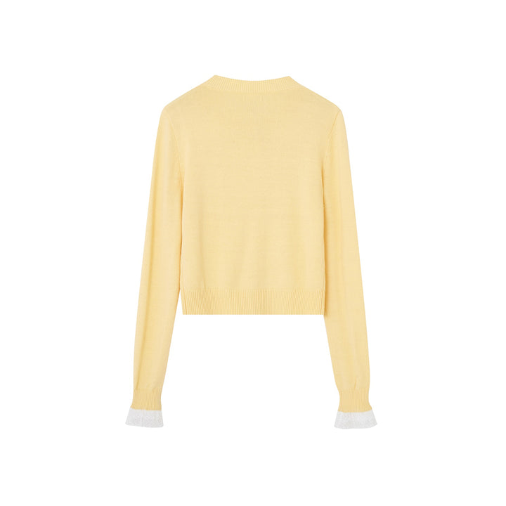 SomeSowe Lace Edge Round-Neck Knit Cardigan Yellow