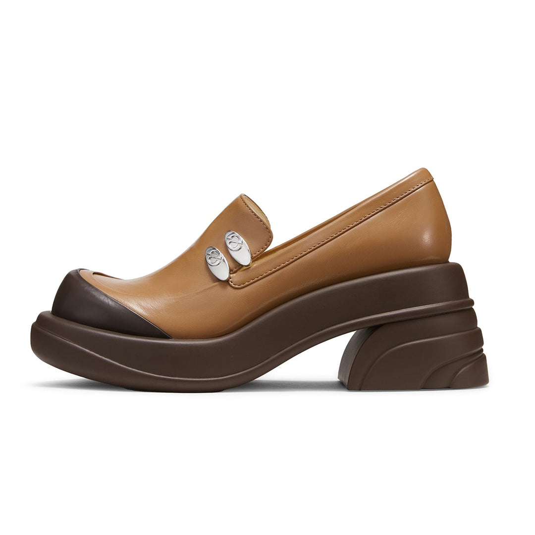 Lost In Echo Round Toe Thick-Soled Heel Leather Shoes Brown