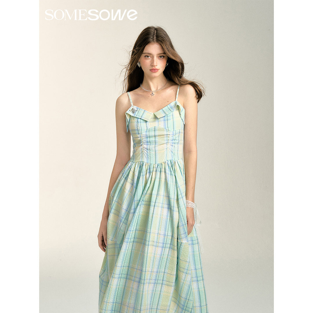 SomeSowe Pleated Checked Long Slip Dress Green