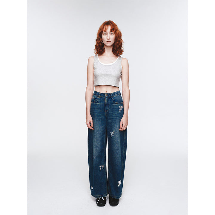 Herlian Bow Sequin Wide-Leg Denim Pants Blue