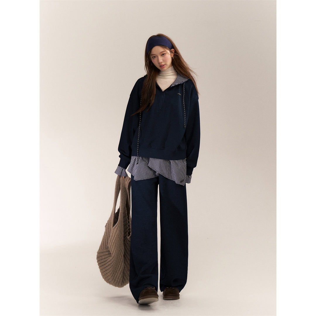 AsGony Fake-2-Piece Plaid Patchwork Casual Sweat Pants Navy Blue