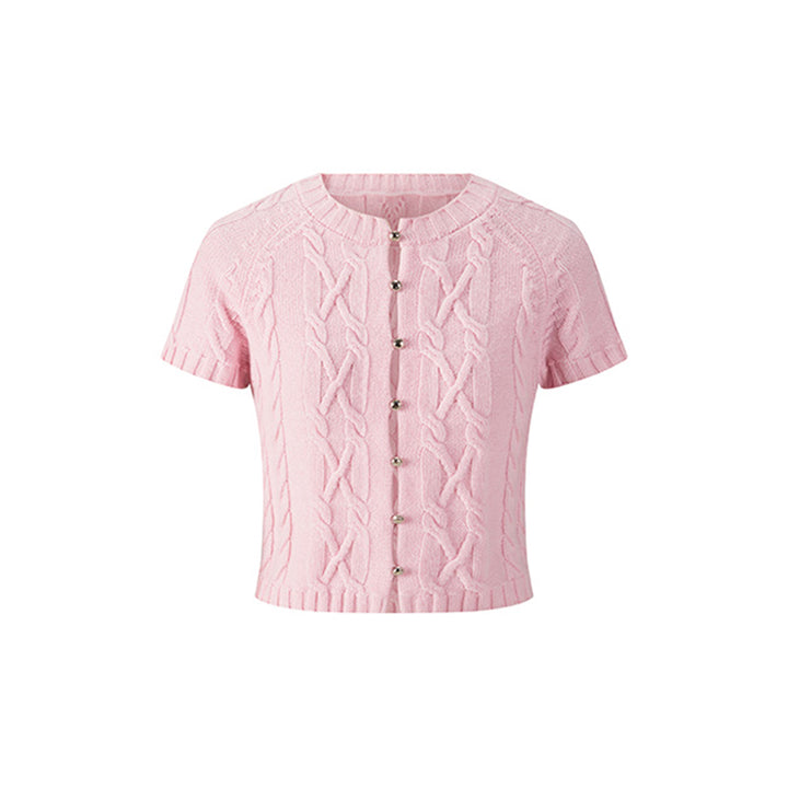 Herlian Twist Buttons Trim Short Sleeve Sweater Pink