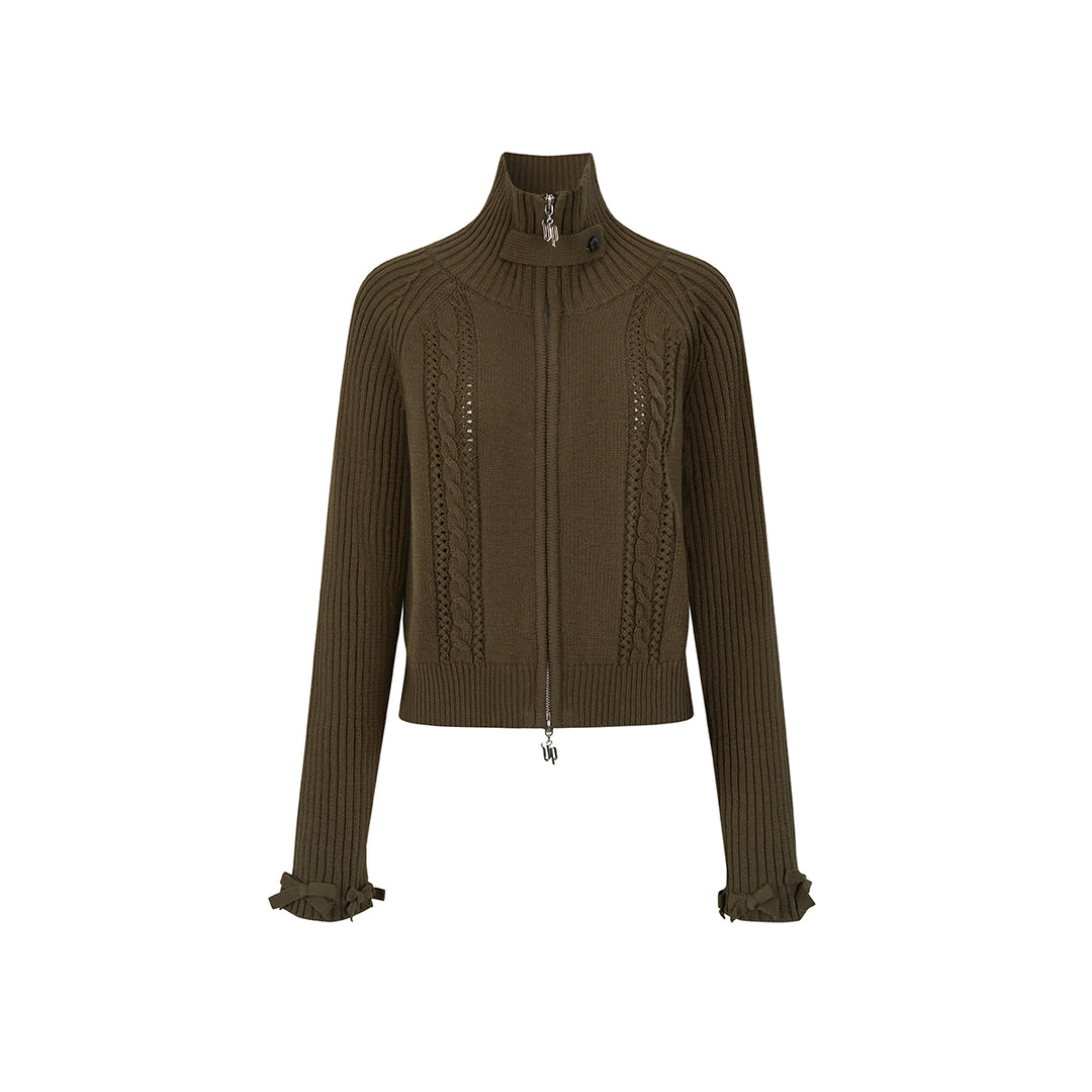 Via Pitti Heavy Bow High Collar Knit Zipped Cardigan Olive Green