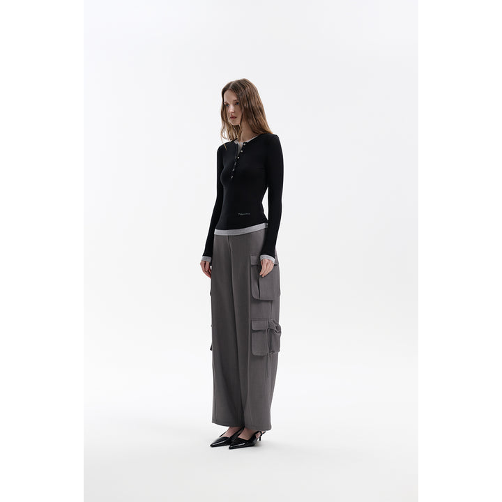 Three Quarters Loose Wide-Leg Cargo Pants Gray