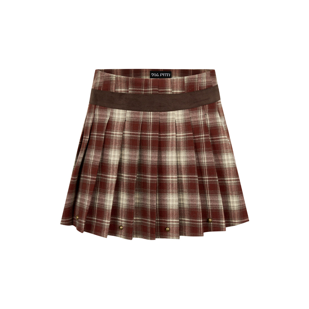 Via Pitti Rivet Suede Leather Patchwork Pleated Plaid Skirt Red - Mores Studio