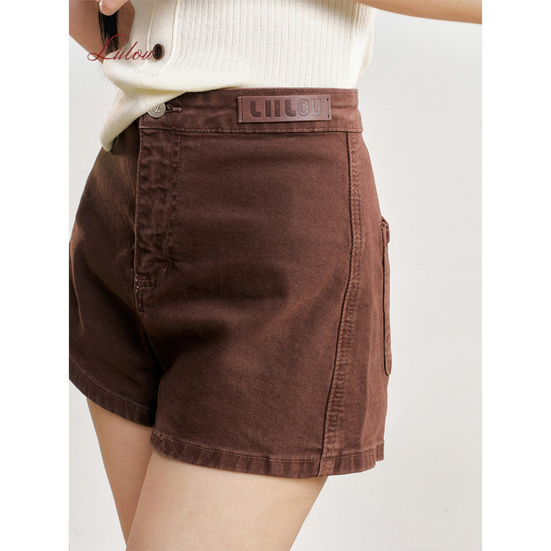 Liilou Retro High Waist A-Line Denim Shorts Brown