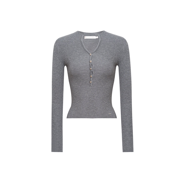 Kroche Rose Button V-Neck Knitted Top Gray