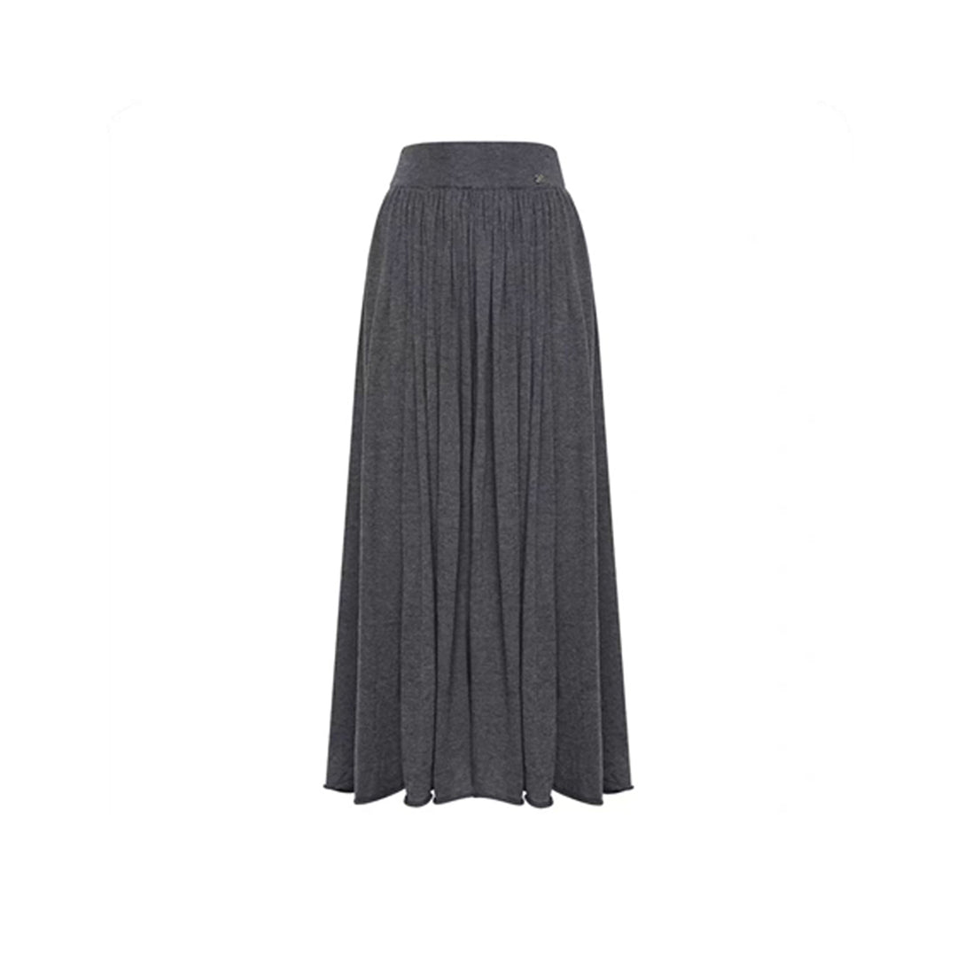 Liilou Draped Elastic-Waist Woolen A-Line Long Skirt Dark Gray