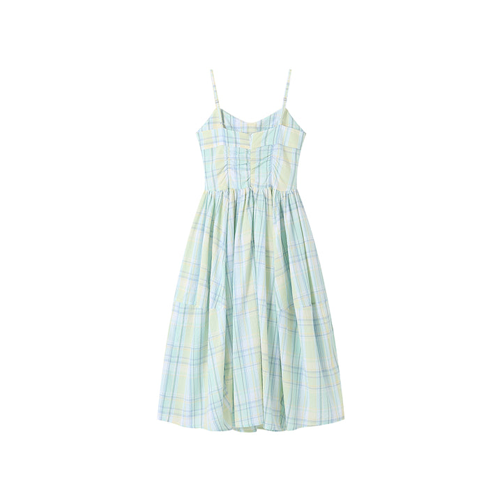 SomeSowe Pleated Checked Long Slip Dress Green