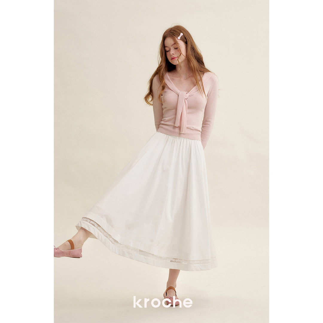 Kroche Lace Patchwork High Waist A-Line Long Skirt White