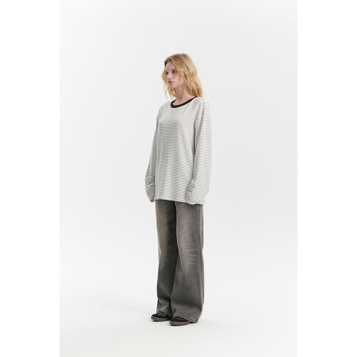 Three Quarters Hotfix Logo Striped Mousse Cashmere L/S Tee White