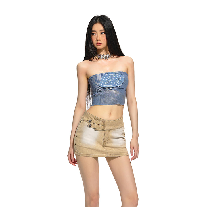 NAWS Embroidered Denim Logo Knit Tube Top Vest Blue