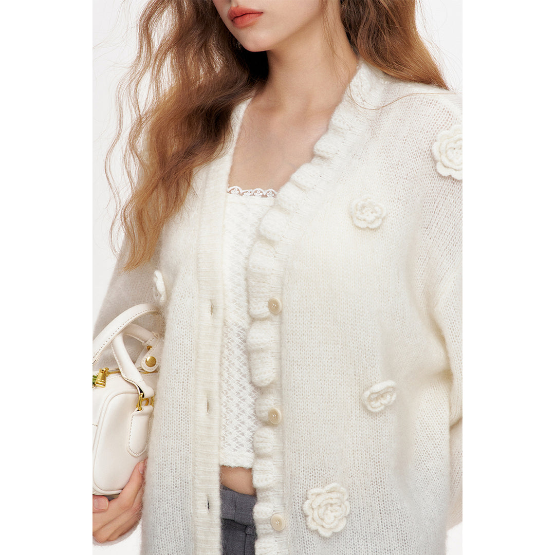 Kroche Rose Crochet Woolen Knitted Cardigan White