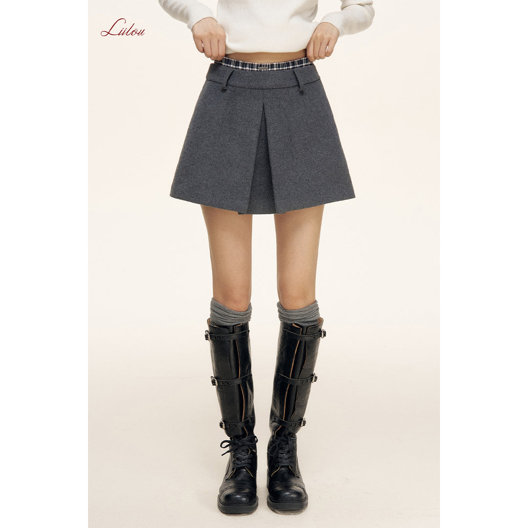 Liilou Plaid Patchwork Double Waist Woolen Tweed Skirt Gray