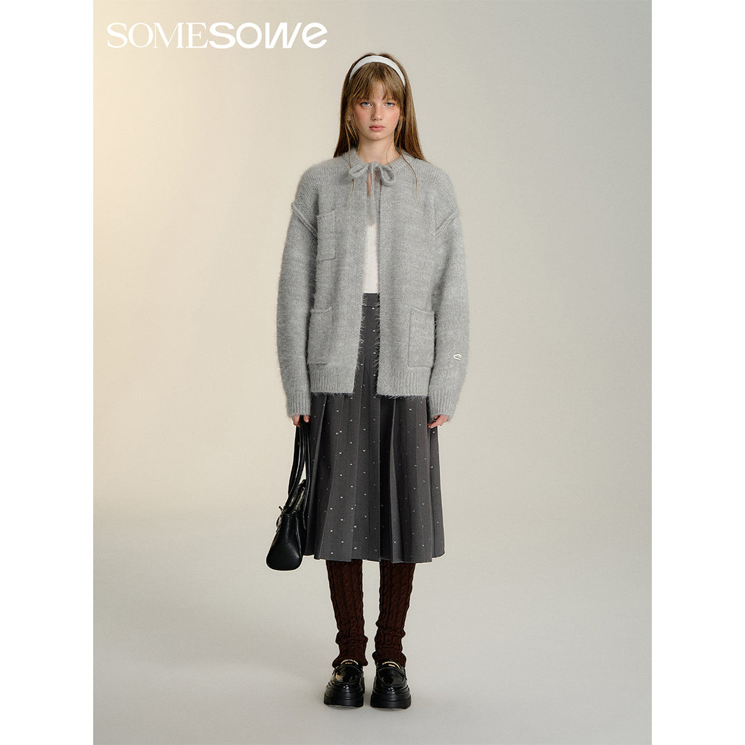 SomeSowe Silhouette Lace Up Furry Cardigan Gray