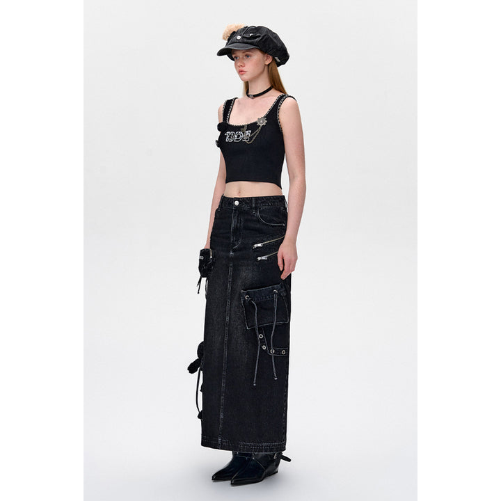 13De Marzo Bear Zipper Denim Cargo Long Skirt Black