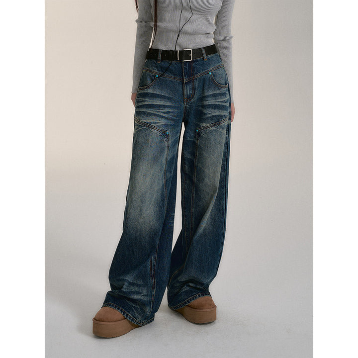 Via Pitti Rivet Wide-Leg Washed Denim Pants Blue