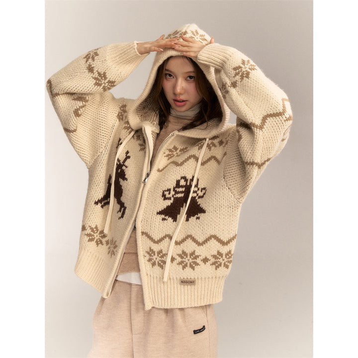 AsGony Fair Isle Moose Jacquard Retro Hooded Knit Cardigan Khaki