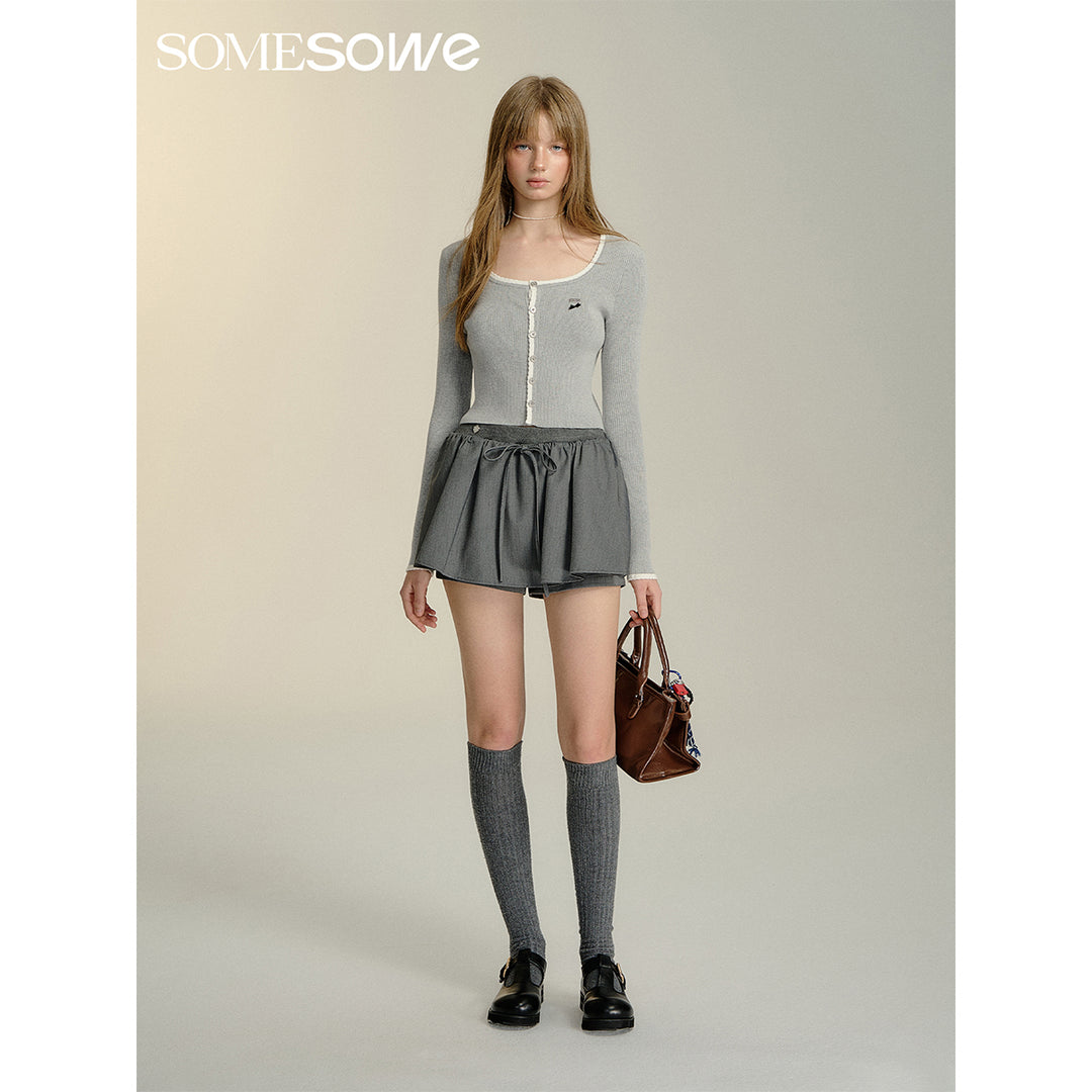 SomeSowe Contrast Color Lace Knit Cardigan Gray