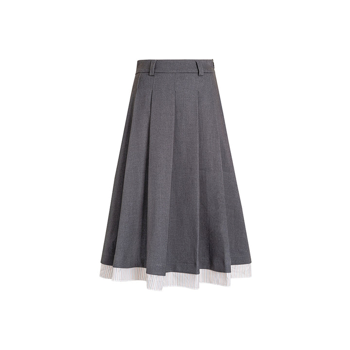 Kroche Striped Patchwork Pleated Long Skirt Gray