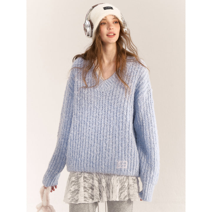 AsGony Blended Woolen V-Neck Knit Sweater Blue