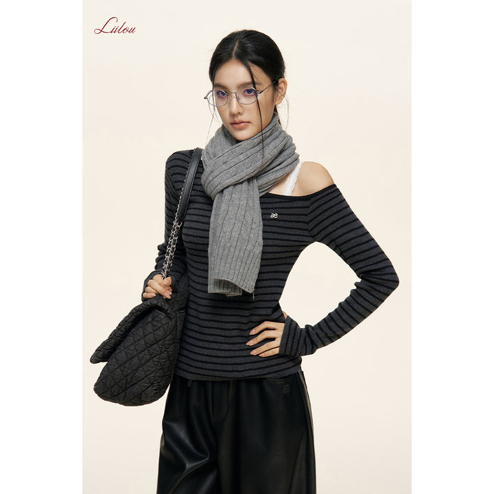 Liilou Diagonal Off-Shoulder Striped Knit Top