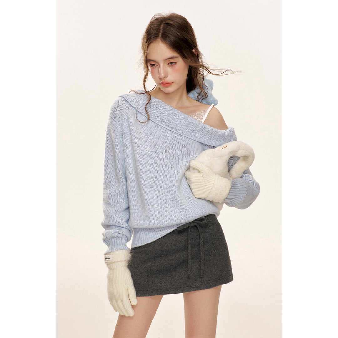 Kroche Lace Patchwork Diagonal Shoulder Woolen Sweater