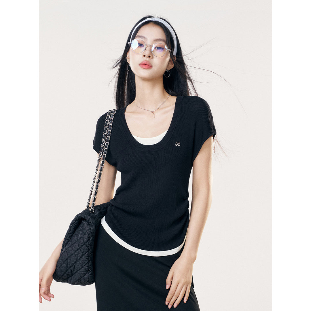 Liilou Fake-2-Piece Contrast Color Pleated Knit Top Black