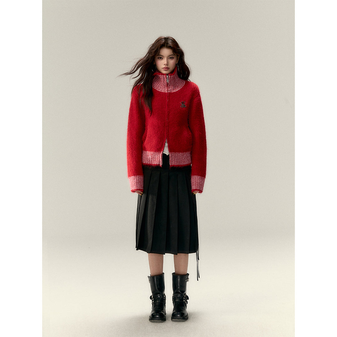 Via Pitti Color Blocked High Collar Knit Cardigan Red