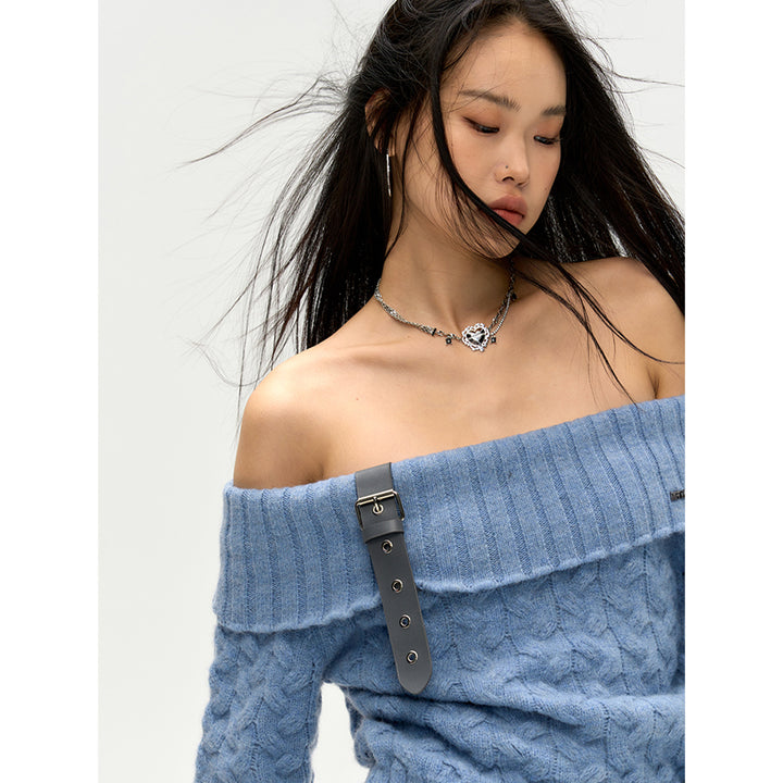 NotAwear Detachable Belt Off-Shoulder Knit Top Blue - Mores Studio