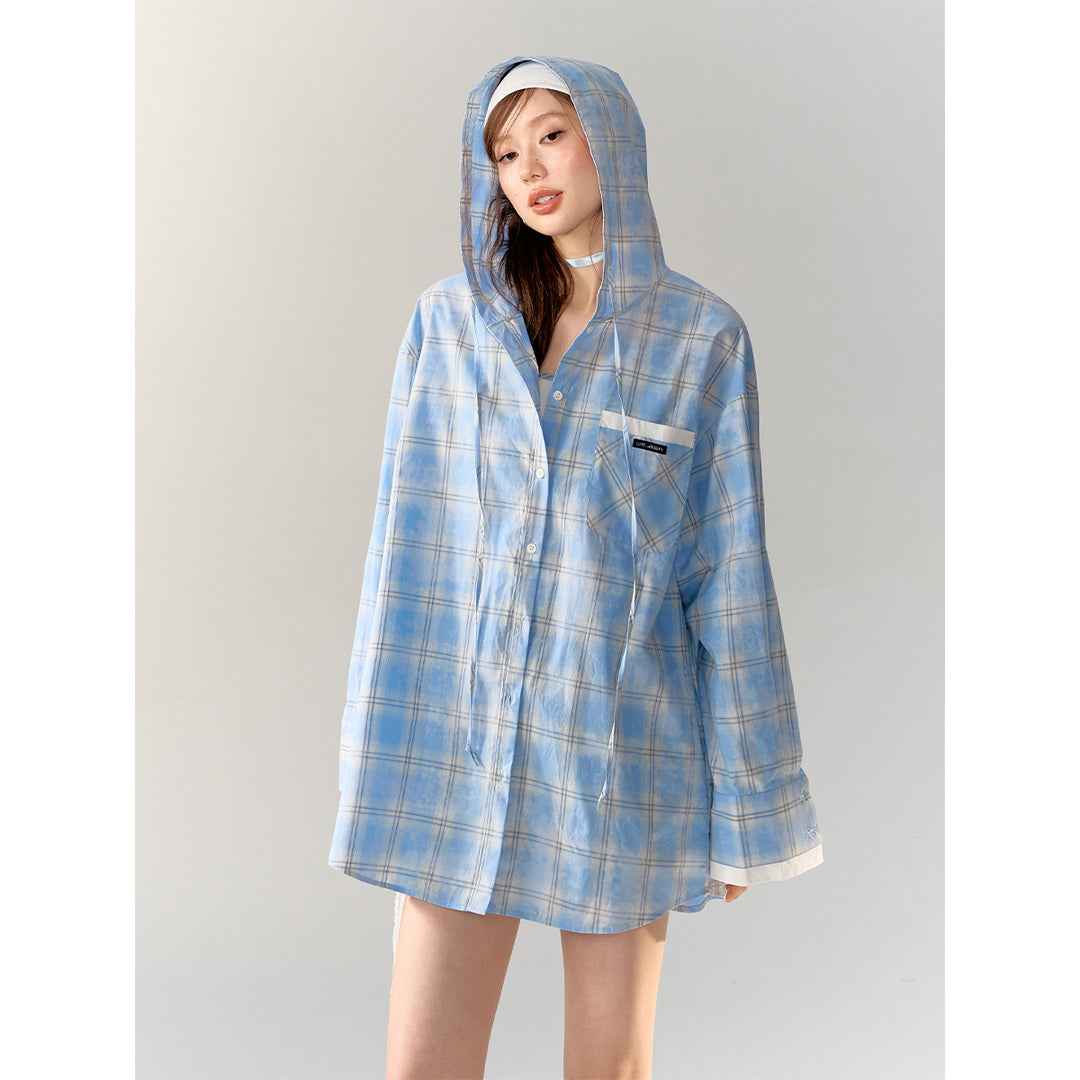 AsGony Plaid Patchwork Hooded Casual Shirt Blue