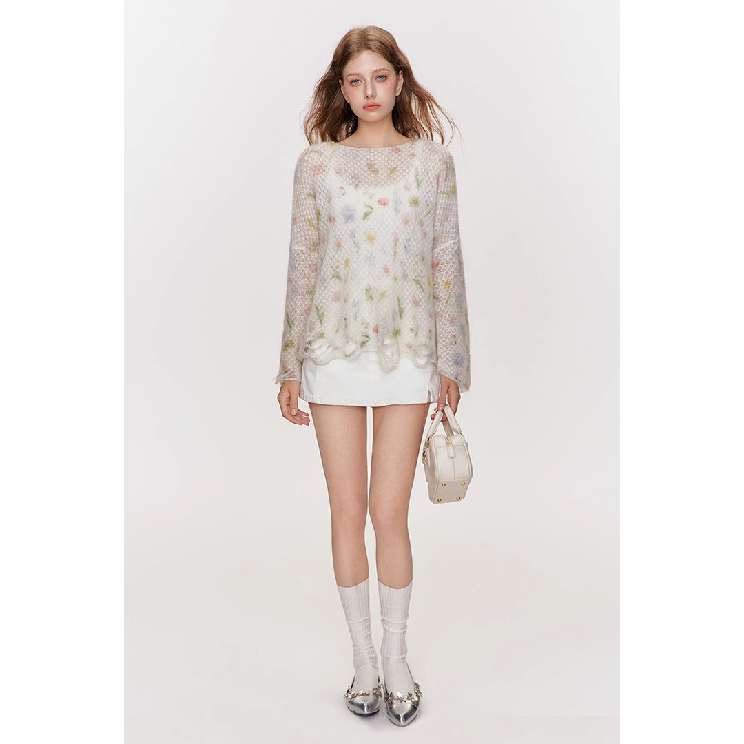 Kroche Hand-Drawn Floral Mohair Destroyed Knit Top