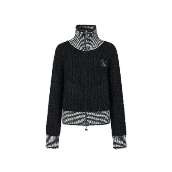 Via Pitti Color Blocked High Collar Knit Cardigan Black