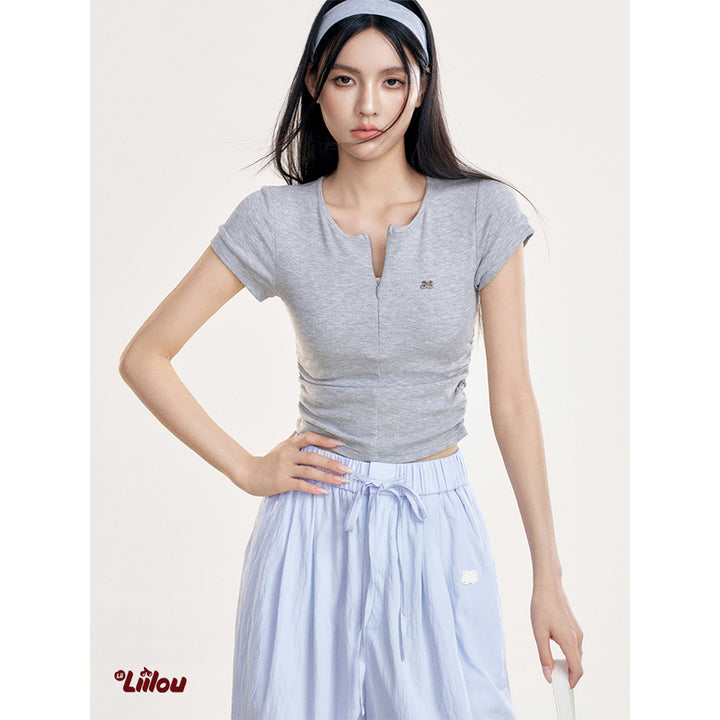 Liilou Zip Up Pleated Waisted Slim T-Shirt Gray