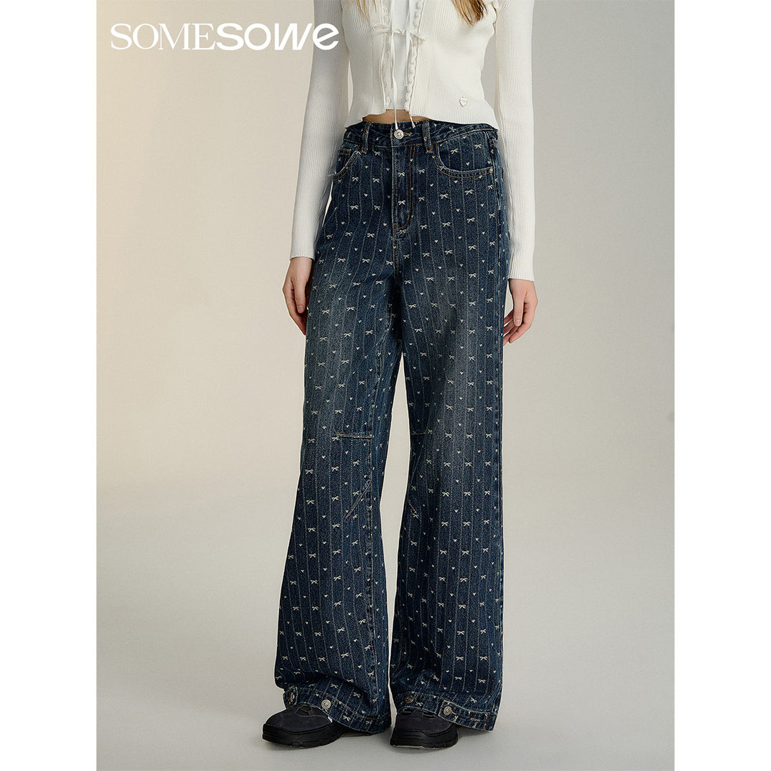 SomeSowe Vintage Bow Wide-Leg Jeans Blue