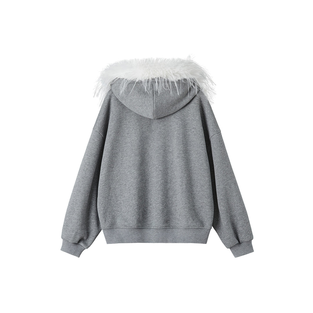 SomeSowe Detachable Fur Collar Hooded Top Jacket Gray