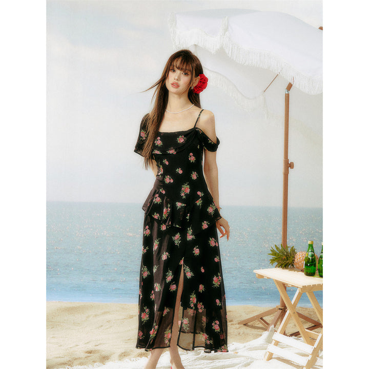 AsGony Ruffled Floral Slit Off-Shoulder Long Dress