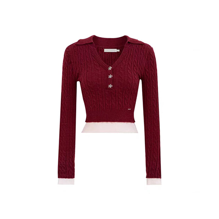 Kroche Fake-2-Piece Lapel V-Neck Knit Top Red