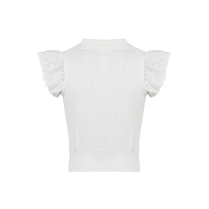 Kroche Lace Patchwork Embroidery Knit Top White