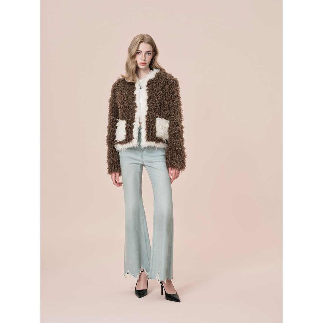 Rocha Roma Color Blocked Curly Fur Jacket Brown