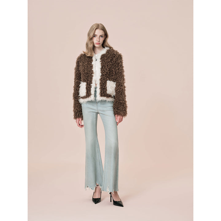 Rocha Roma Color Blocked Curly Fur Jacket Brown