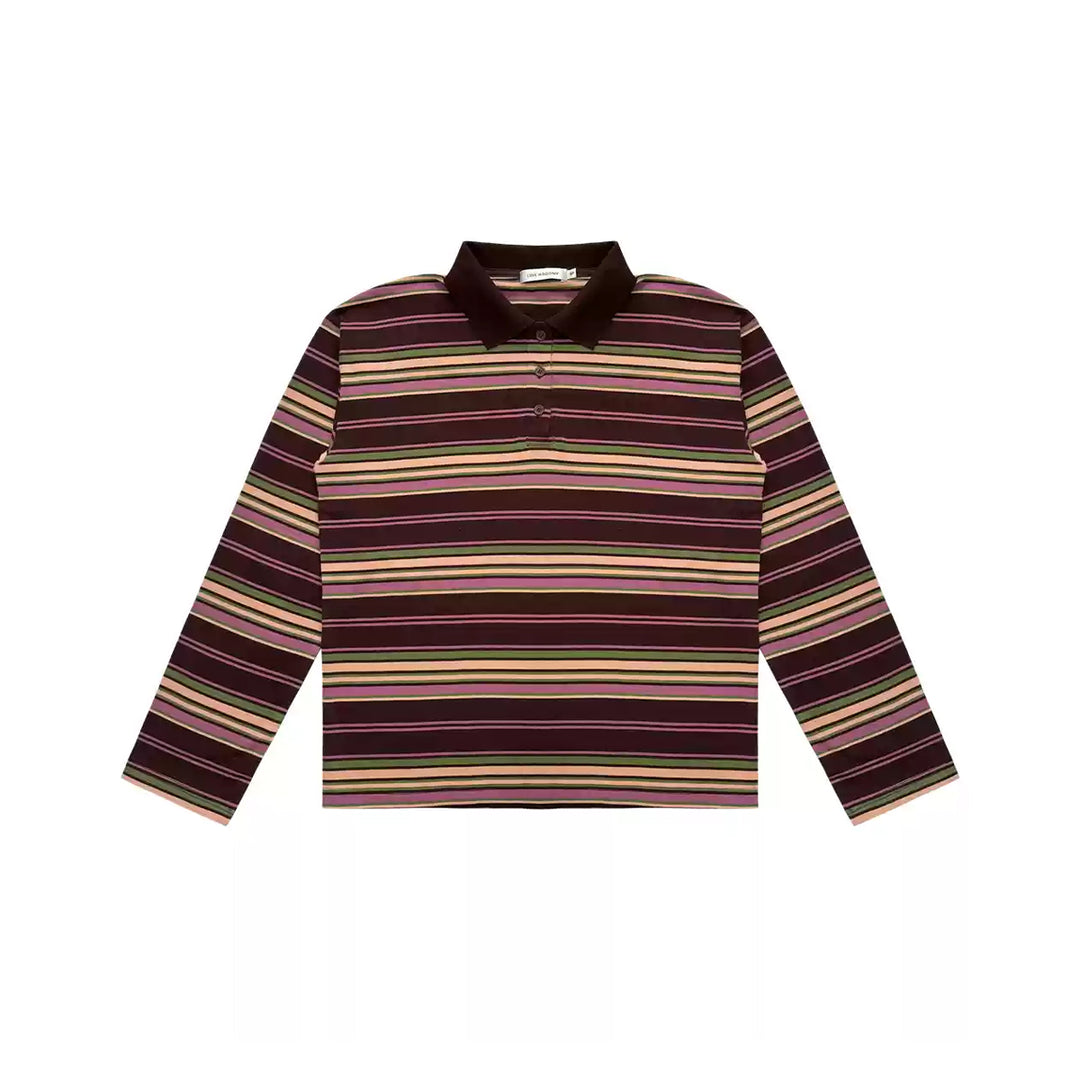 AsGony Striped Lapel Casual L/S T-Shirt Purple