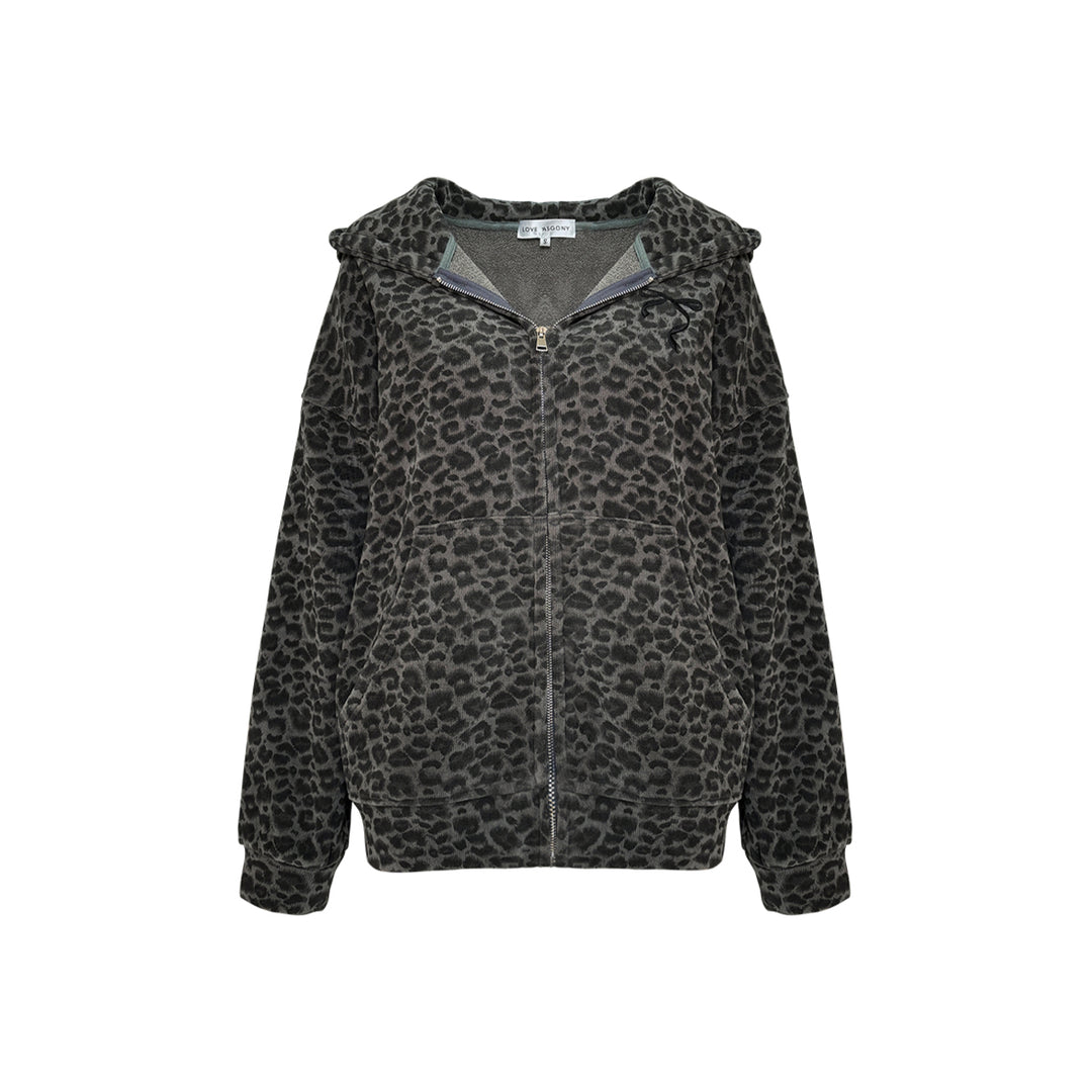 AsGony Leopard Bow Embroidery Hoodie Gray