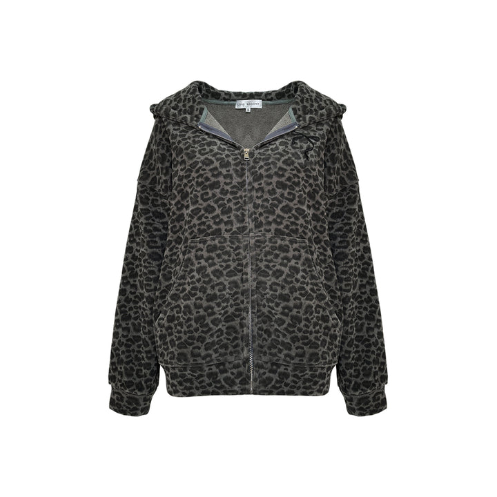 AsGony Leopard Bow Embroidery Hoodie Gray