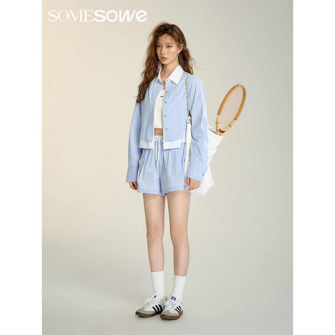 SomeSowe Folded Fake-2-Piece Striped Short Shirt