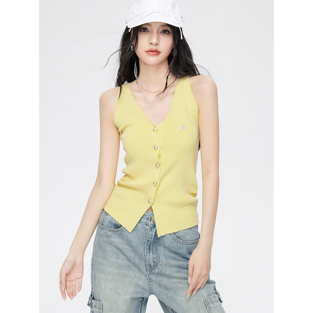 MacyMccoy Pearl Button Pleated V-Neck Knit Vest Yellow