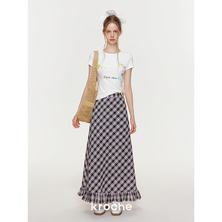 Kroche Wrinkle Hem High Waist Plaid Long Skirt