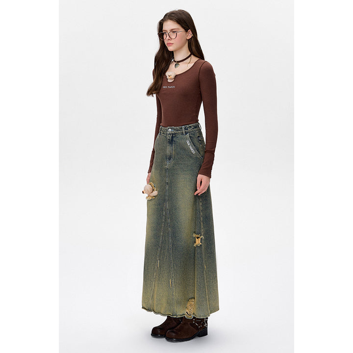 13De Marzo Bear Split Deconstruct Denim Long Skirt