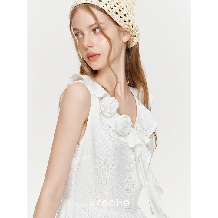 Kroche Ruffled Rose Pin Hollow Out Lace Dress White