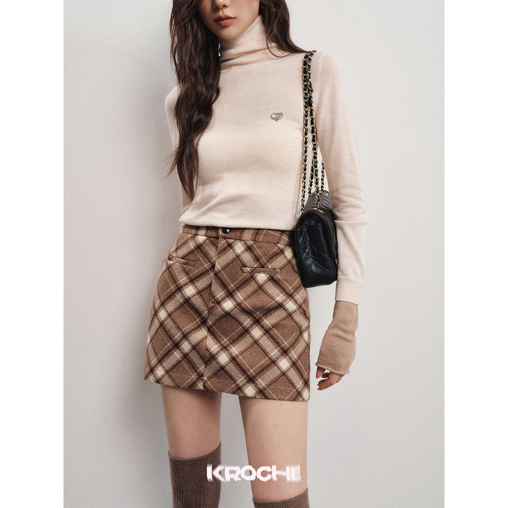Kroche Vintage Checked Short Woollen A-Line Skirt - Mores Studio